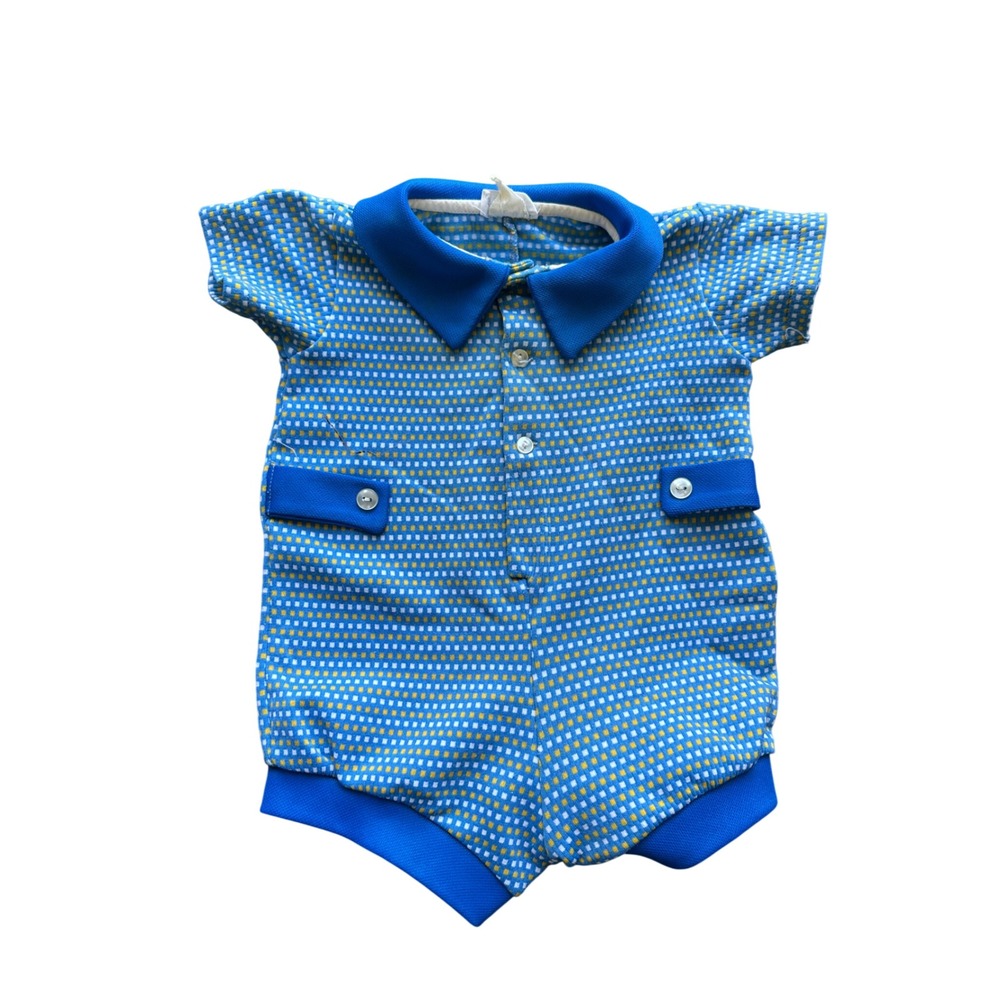 Vintage Bryan Baby Boy Blue Yellow Grid Romper Short Sleeve One Piece Sunsuit